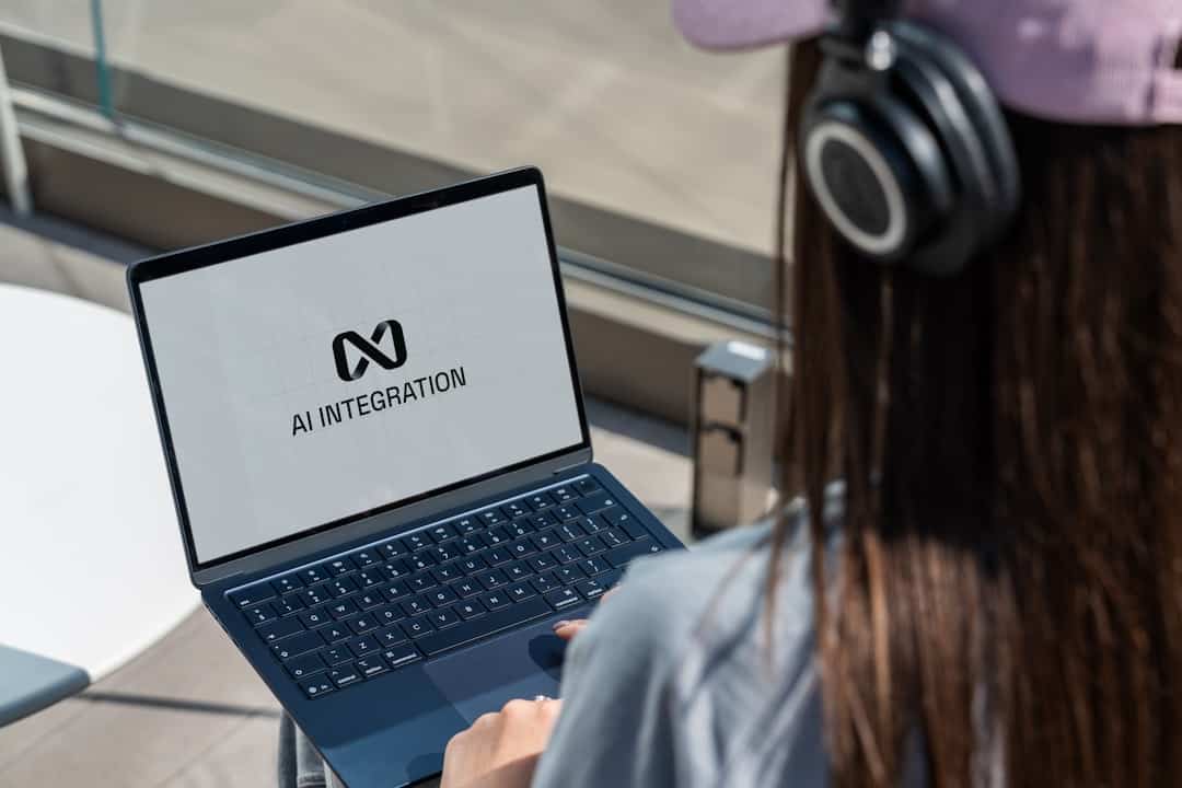 split-screen showing a person working at a laptop on one side and various AI tool logos and dollar signs floating on the other side