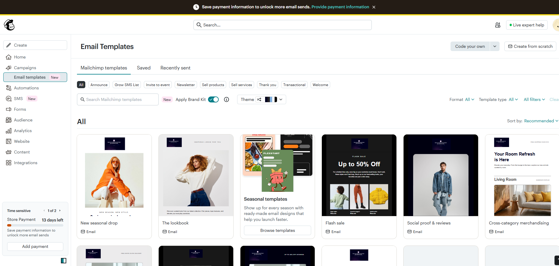 Mailchimp email template gallery showing categorized template thumbnails for newsletter, welcome, transactional and other email types
