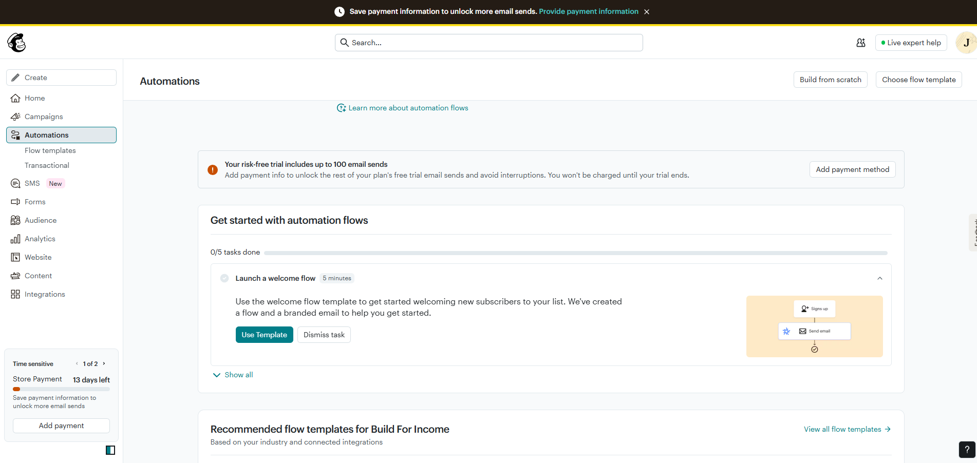 Mailchimp automations page with a yellow banner reading 'Your risk-free trial includes up to 100 email sends, add payment method to unlock the rest'
