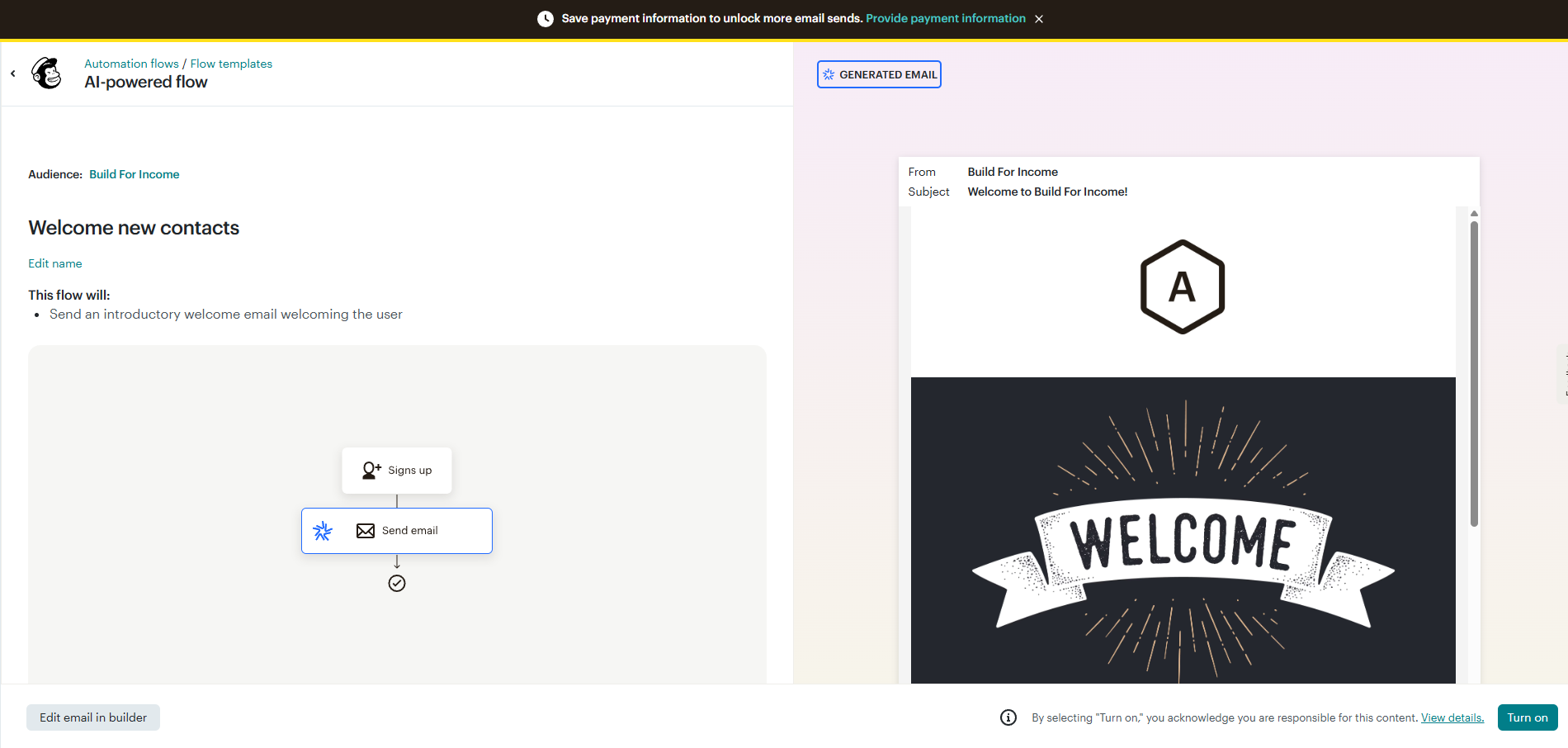 Mailchimp's AI-powered flow output: a single-node welcome flow with one 'Sign up' trigger leading to one 'Send email' action