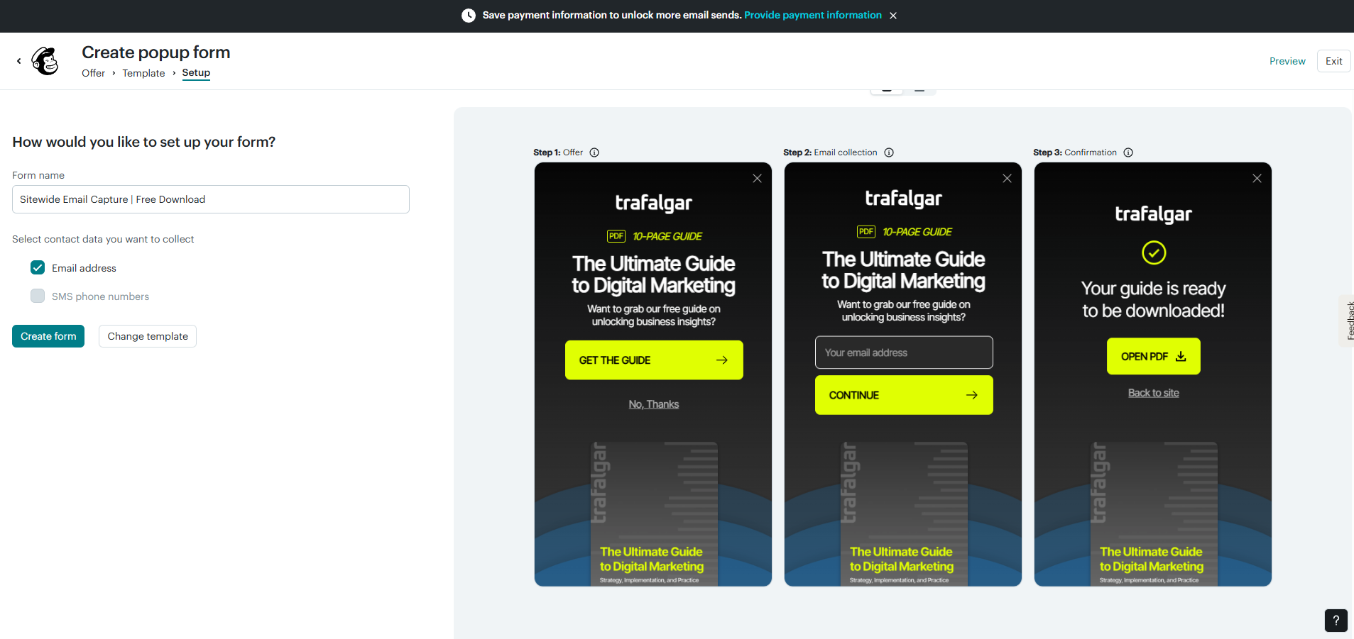 Mailchimp popup form template gallery showing multiple design variations including Modern Rounded, Dark Preview, Bright Preview Slideout and Futuristic Preview