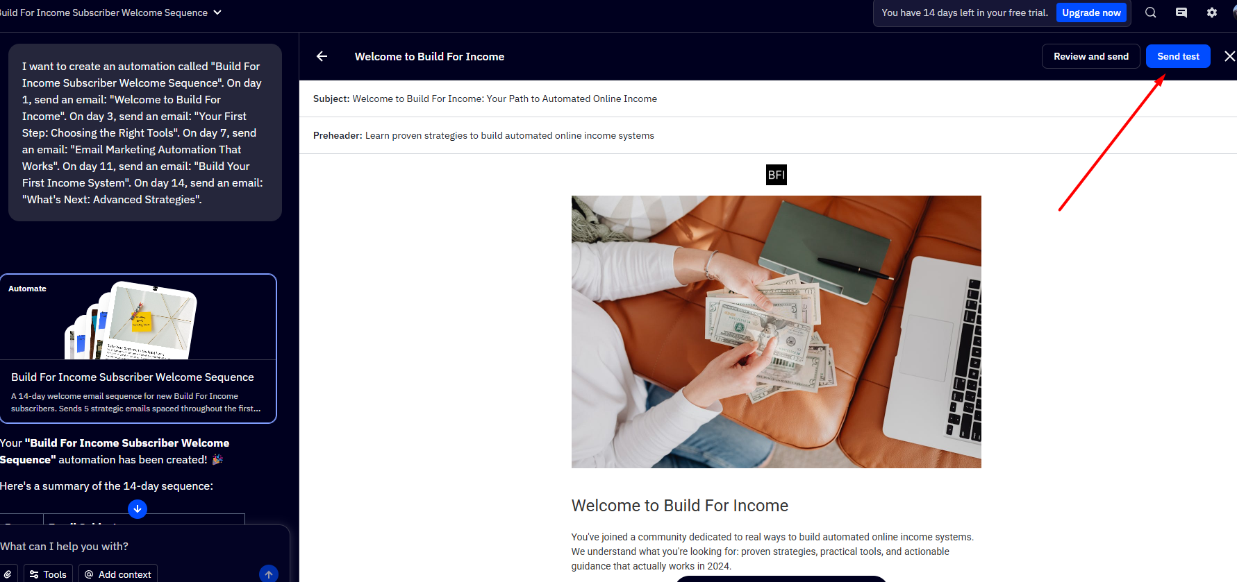 ActiveCampaign email preview showing a fully drafted welcome email with subject line, hero image and body copy generated by an AI Agent