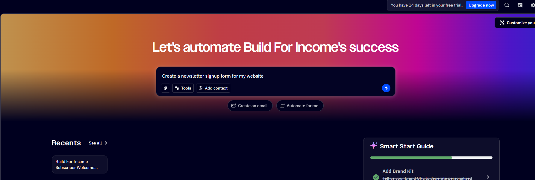 The test welcome email received in Gmail, with the BFI logo, hero image, headline 'Welcome to Build For Income', and body copy rendering correctly in the inbox view
