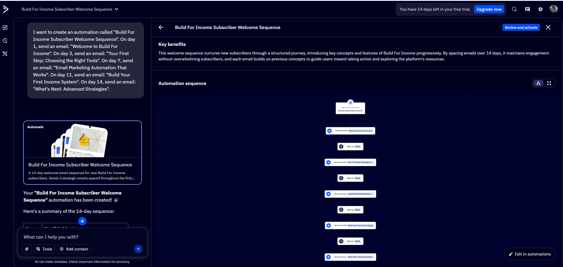 The 'Build with Active Intelligence' chat interface with a typed prompt describing the welcome sequence to build, and a 'Building automation' status indicator below it