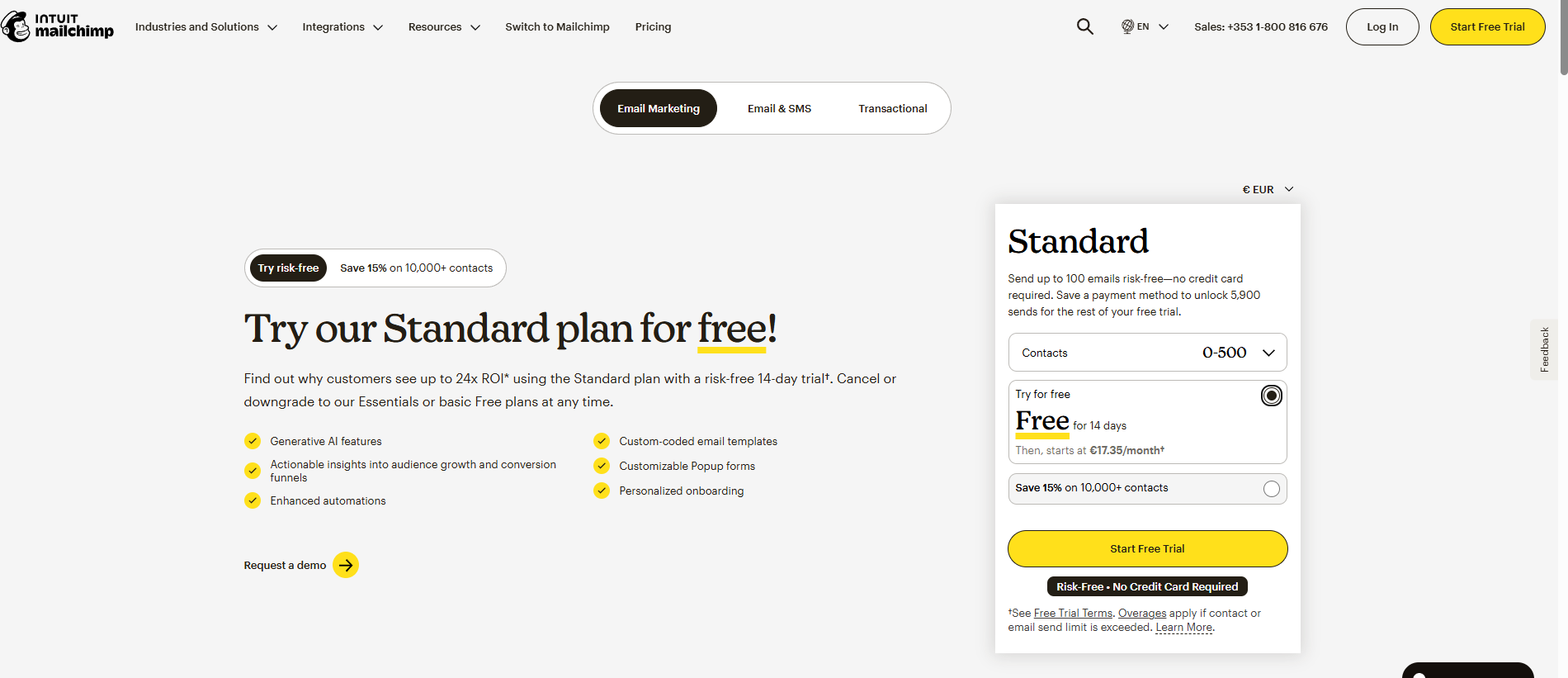 Mailchimp pricing page showing the Standard plan card with 'Send up to 100 emails risk-free, no credit card required' alongside the post-trial pricing of 17.35 euros per month