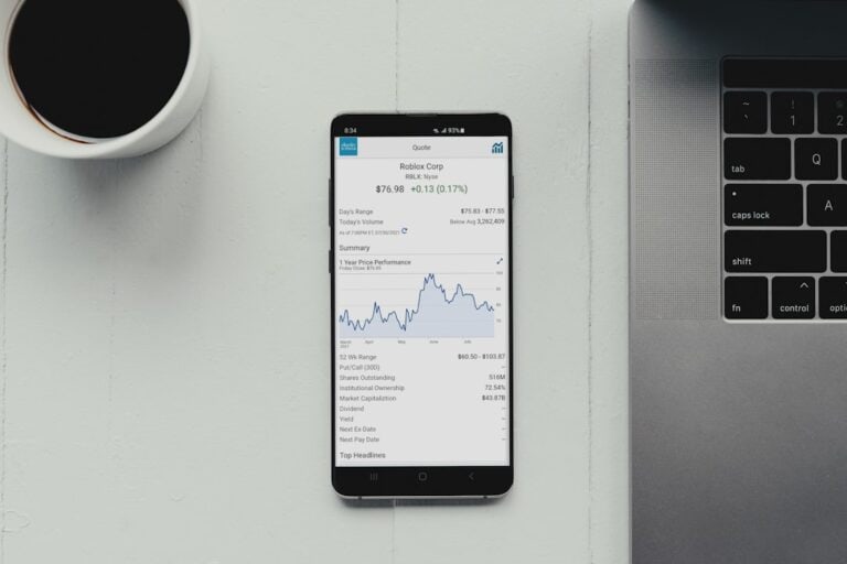 a smartphone displaying investment app charts and graphs next to a cup of coffee on a clean desk