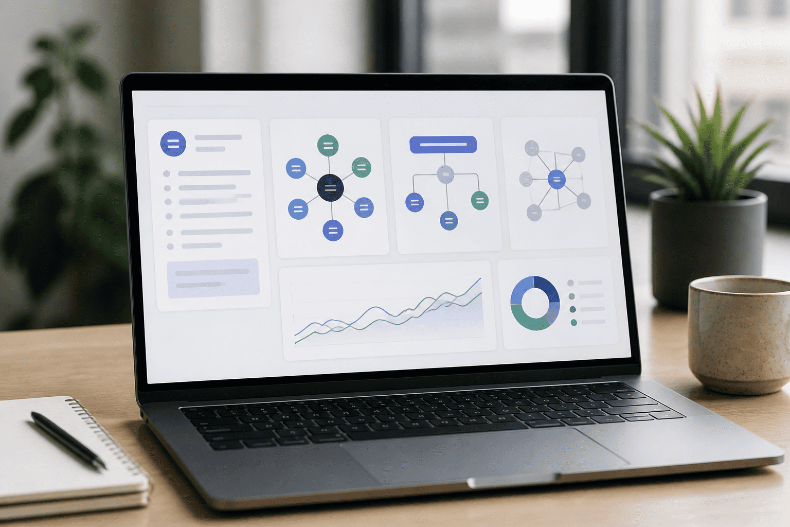 Laptop showing abstract keyword clusters, analytics charts, and content workflow cards