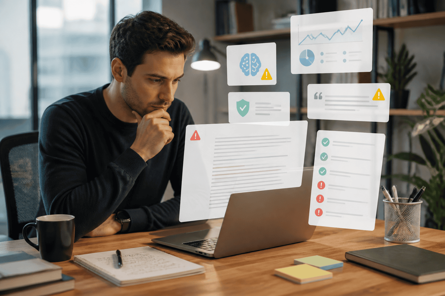 Founder reviewing an abstract AI content quality checklist before publishing