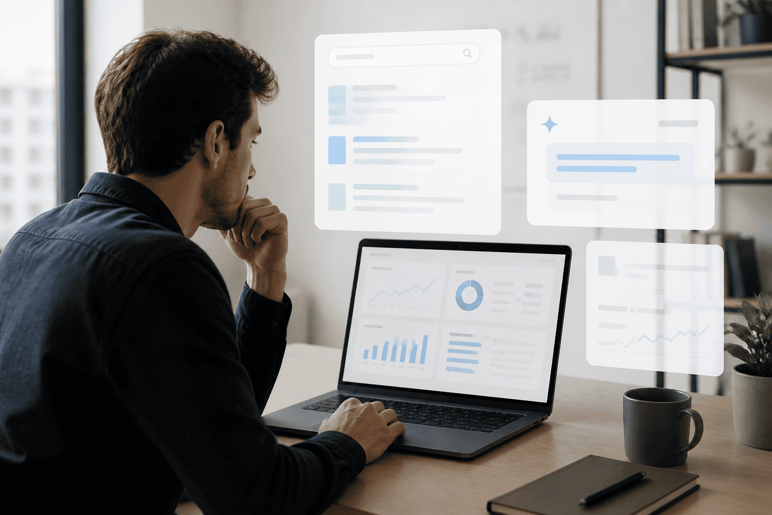 Founder reviewing abstract AI search optimization and analytics dashboards on a laptop