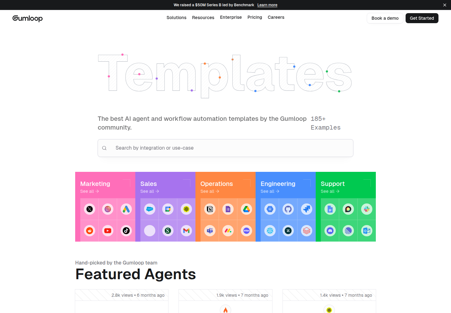Screenshot of the Gumloop public templates page showing AI agent and workflow automation template categories