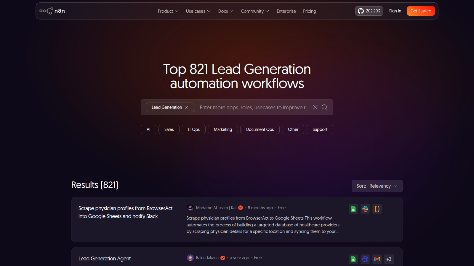 Screenshot of the n8n lead generation workflows page showing hundreds of lead generation automation workflows