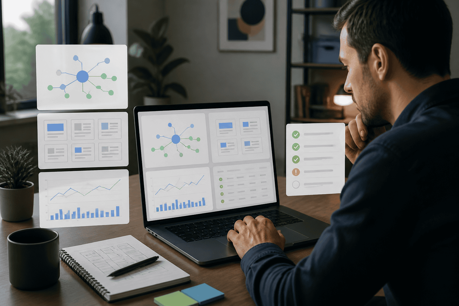 Agency operator reviewing abstract programmatic SEO keyword clusters, page templates and approval checks on a laptop
