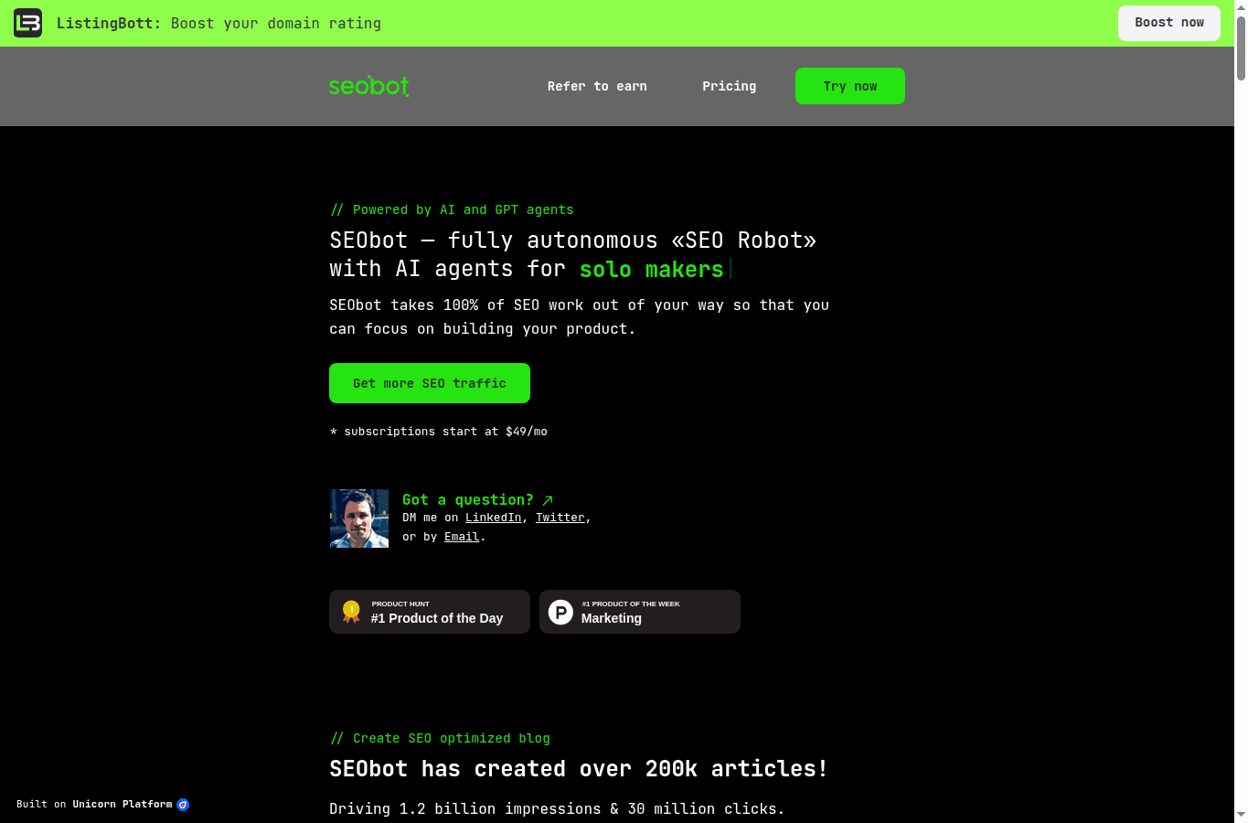 SEObotAI homepage screenshot showing the autonomous SEO robot hero section