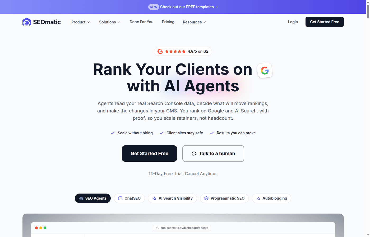Screenshot of the SEOmatic public homepage showing AI agents for SEO and CMS changes