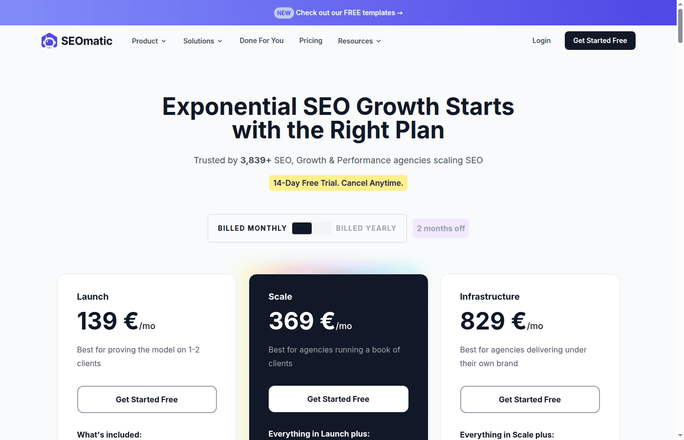 Screenshot of the SEOmatic public pricing page showing monthly plan tiers and a free trial message