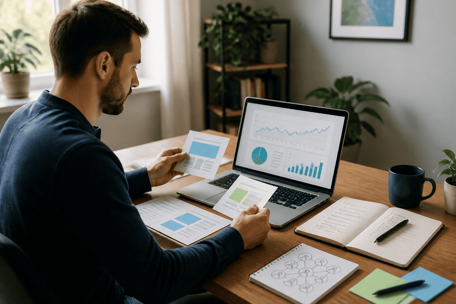 Small website owner reviewing ad placements, traffic charts and sponsorship notes on a laptop