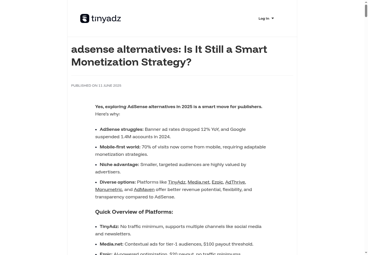 Screenshot of a TinyAdz public blog post about AdSense alternatives and publisher monetization