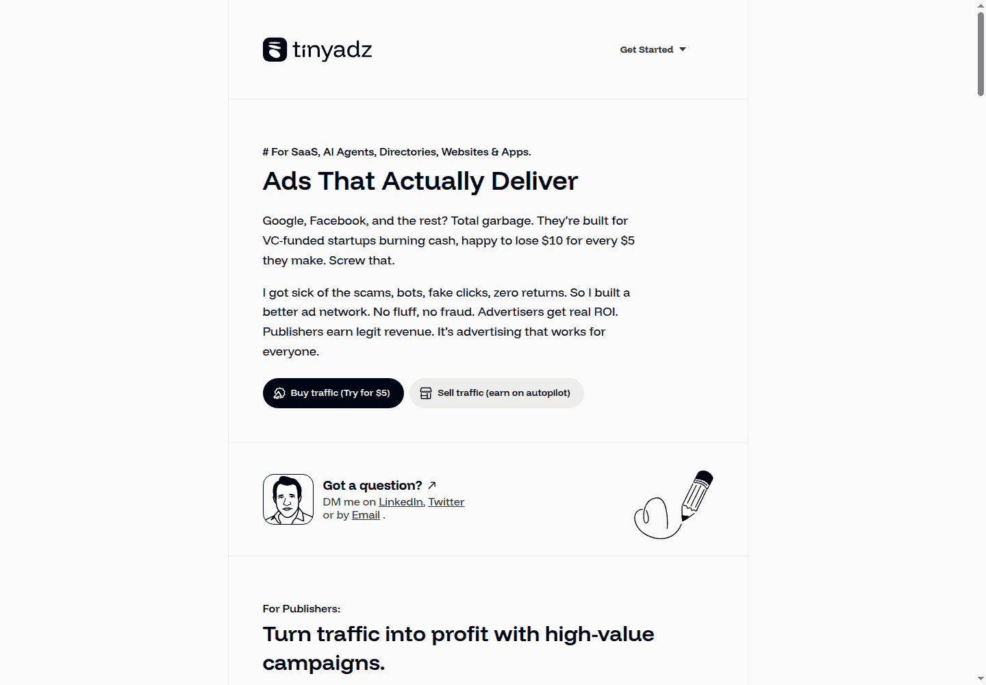 Screenshot of the TinyAdz public homepage showing its small-site ad network positioning