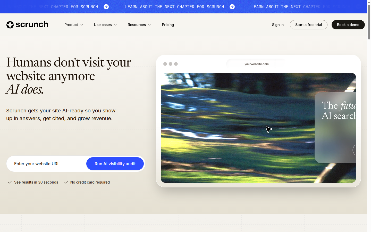 Screenshot of the Scrunch public homepage showing AI search visibility positioning