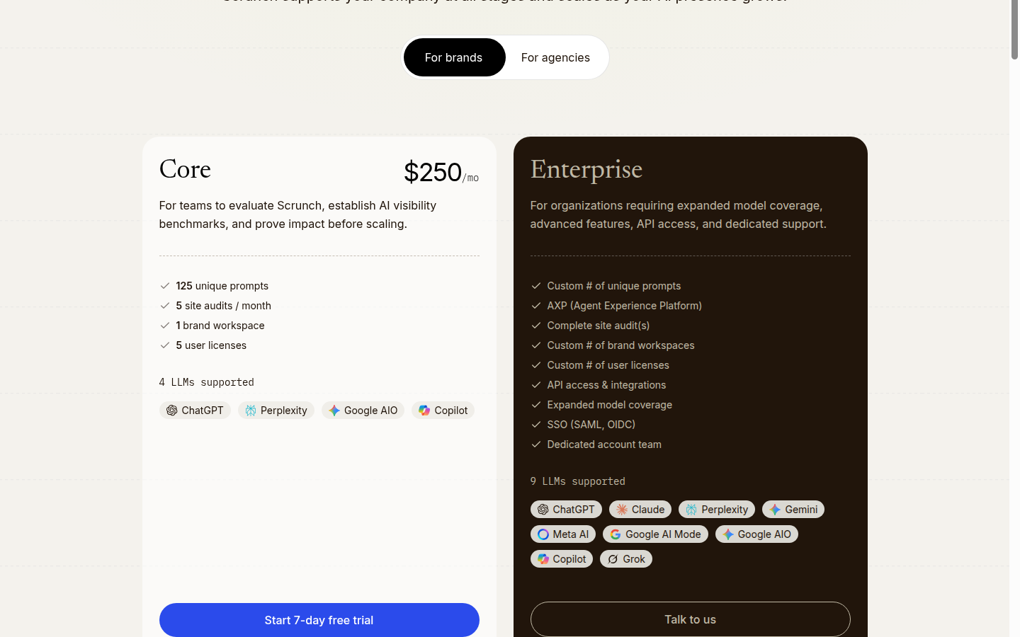 Screenshot of the Scrunch public pricing page showing Core and Enterprise plan cards