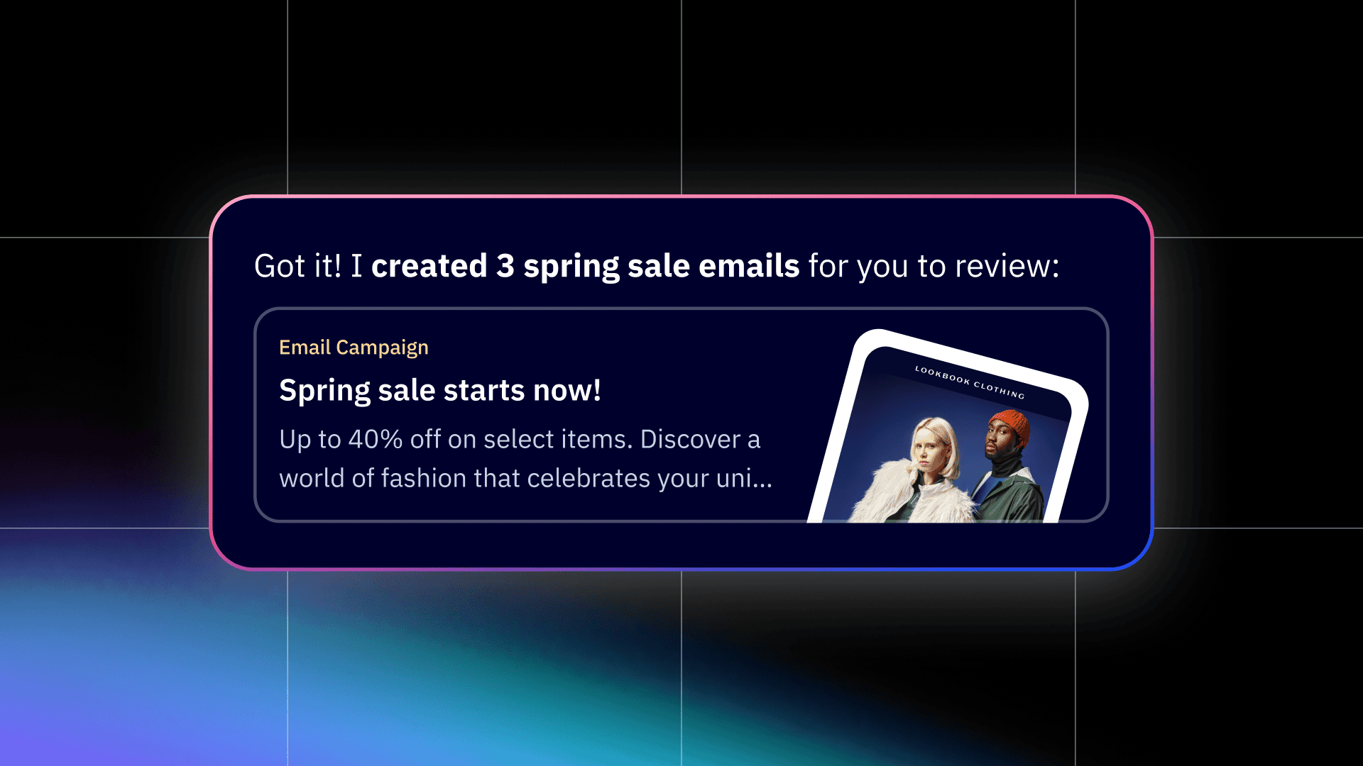 Proactive campaign draft ready for review | Build For Income ActiveCampaign example of two spring sale email drafts ready for a marketer to review