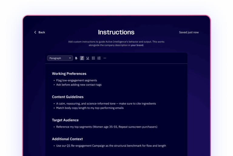 ActiveCampaign instructions screen for working preferences, content guidelines and target audience