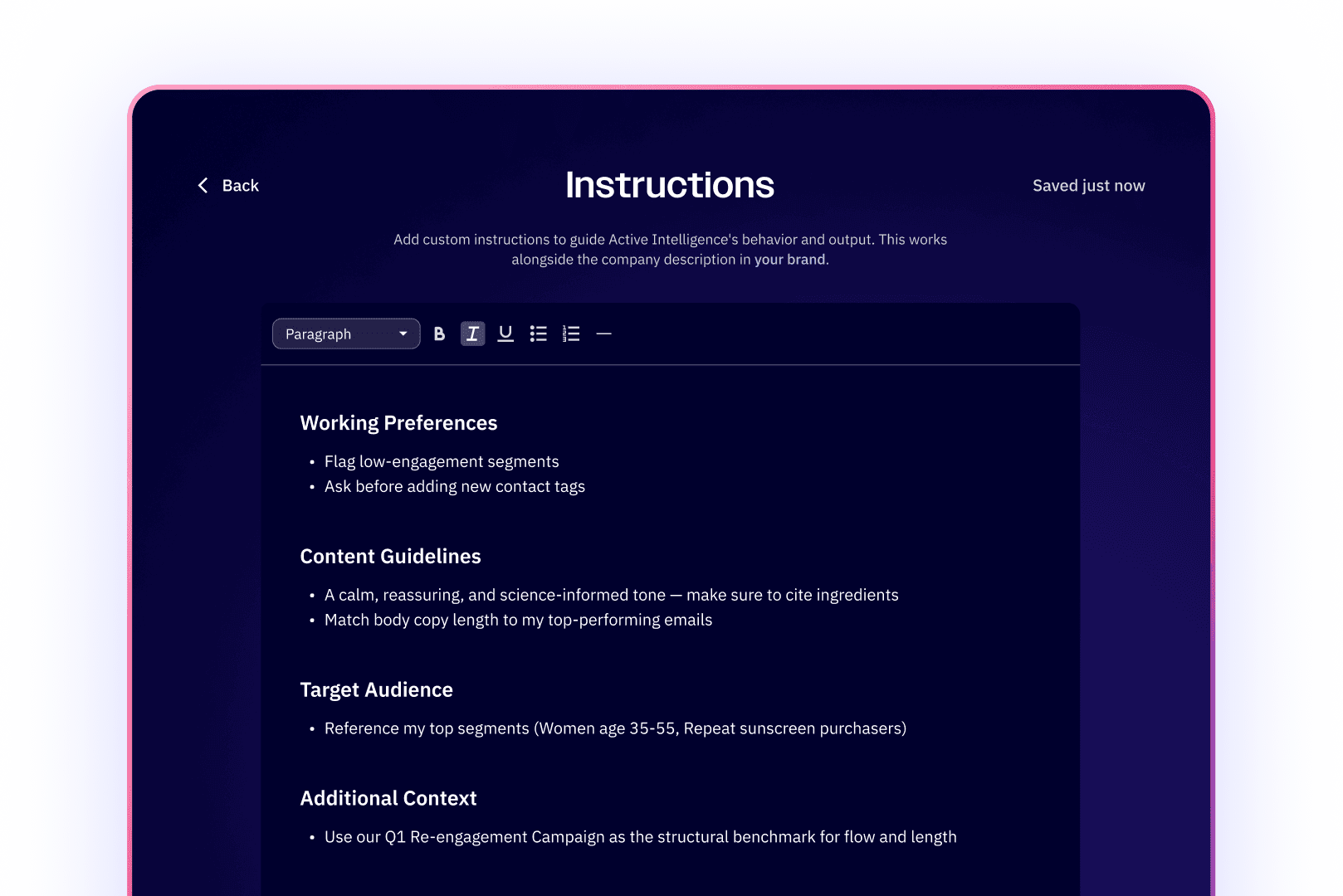 ActiveCampaign instructions view | Build For Income ActiveCampaign instructions screen for working preferences, content guidelines and target audience