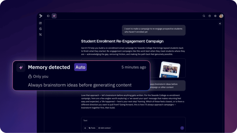ActiveCampaign interface showing remembered account context and draft history