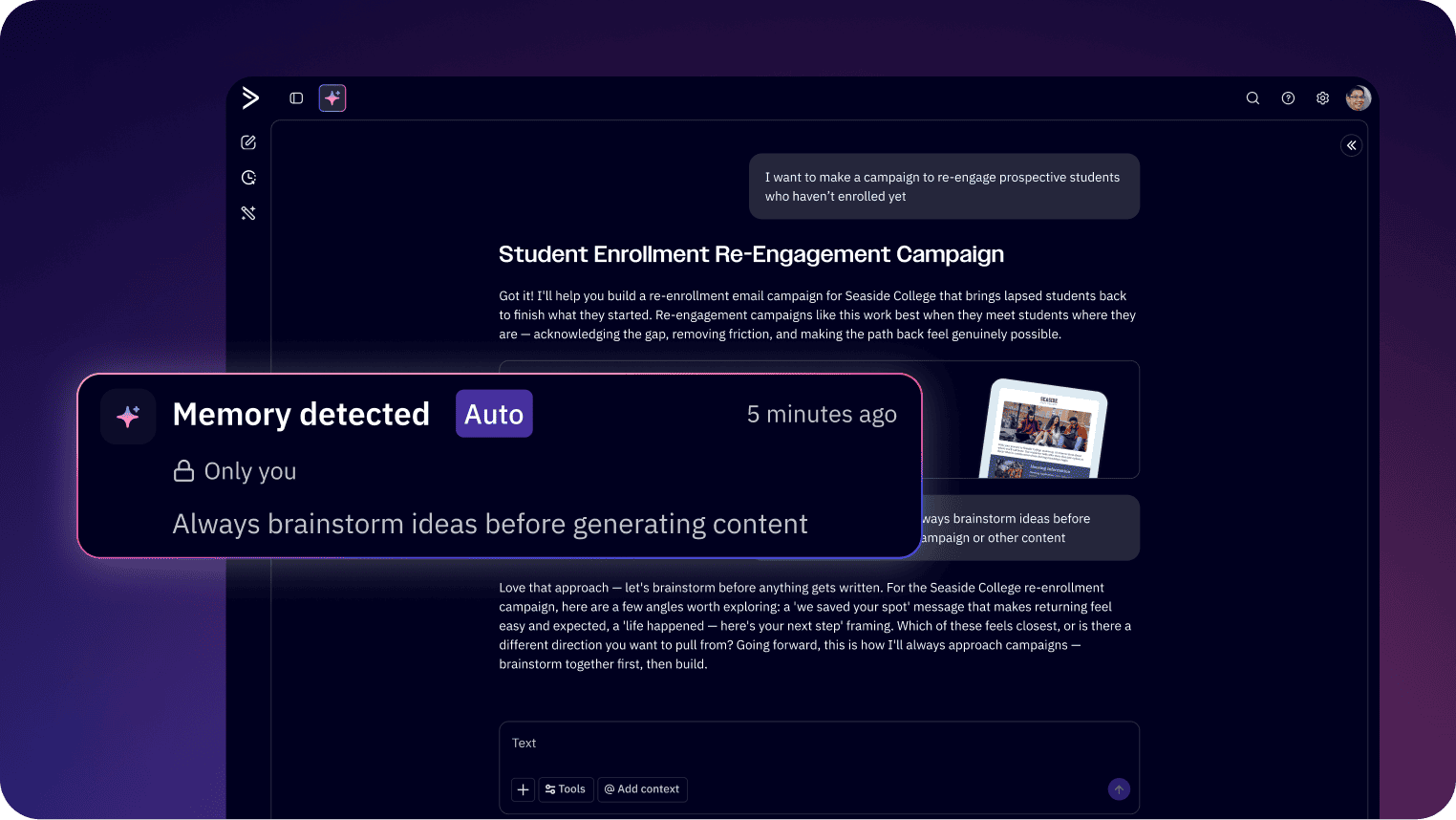 Active Intelligence memory interface | Build For Income ActiveCampaign interface showing remembered account context and draft history