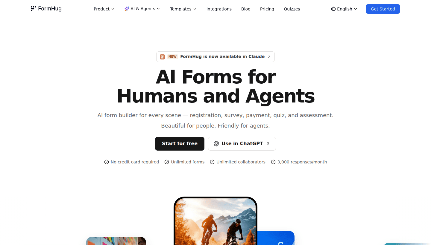 Screenshot of the FormHug public homepage describing AI forms for humans and agents