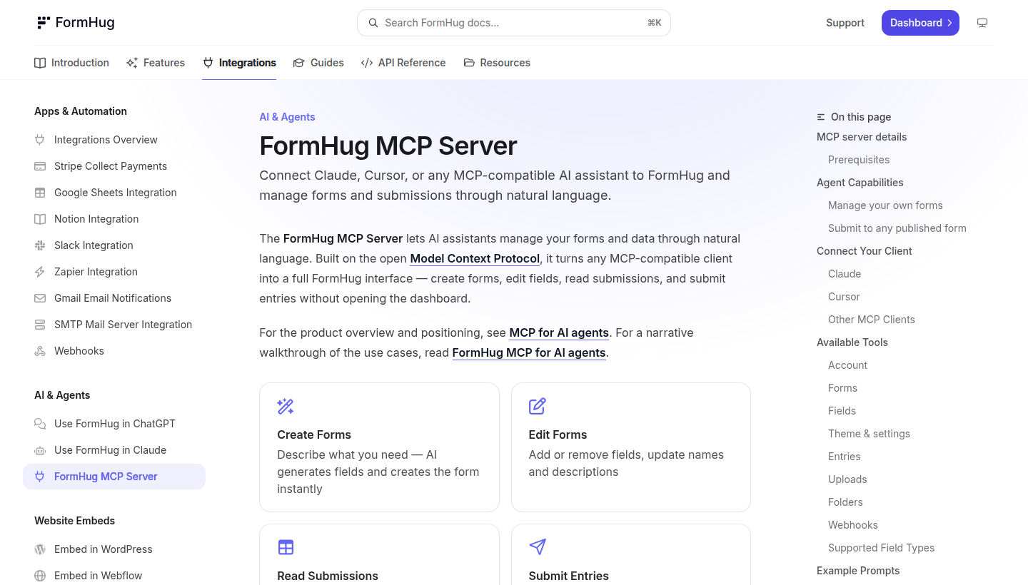 Screenshot of FormHug MCP Server documentation describing agent access to forms and submissions