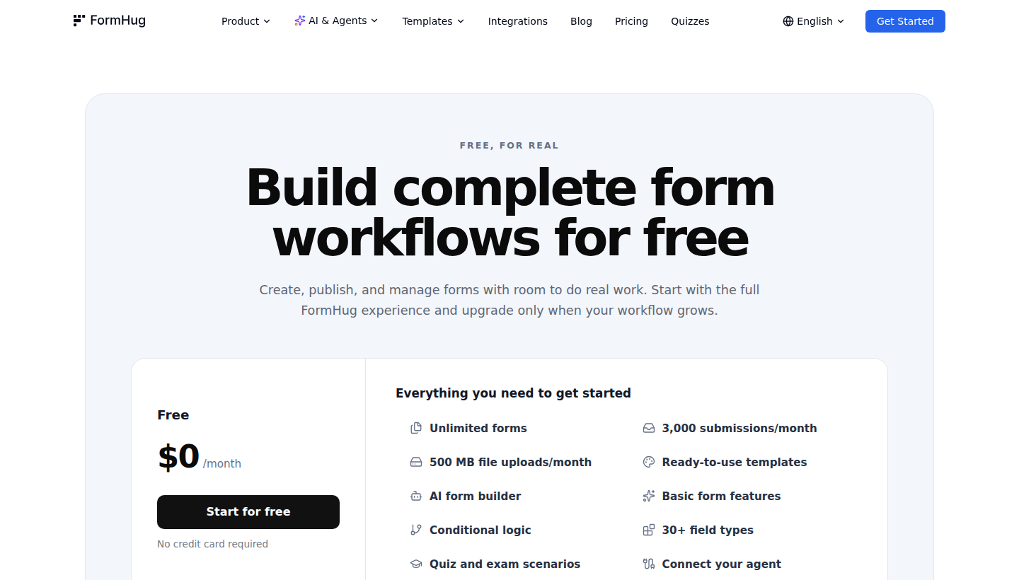 Screenshot of the FormHug public pricing page showing its free workflow plan
