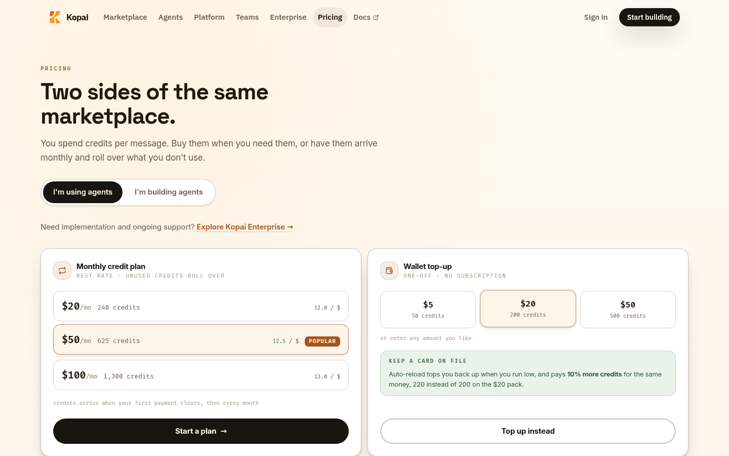 Screenshot of the Kopai public pricing page showing monthly credits and wallet top-ups