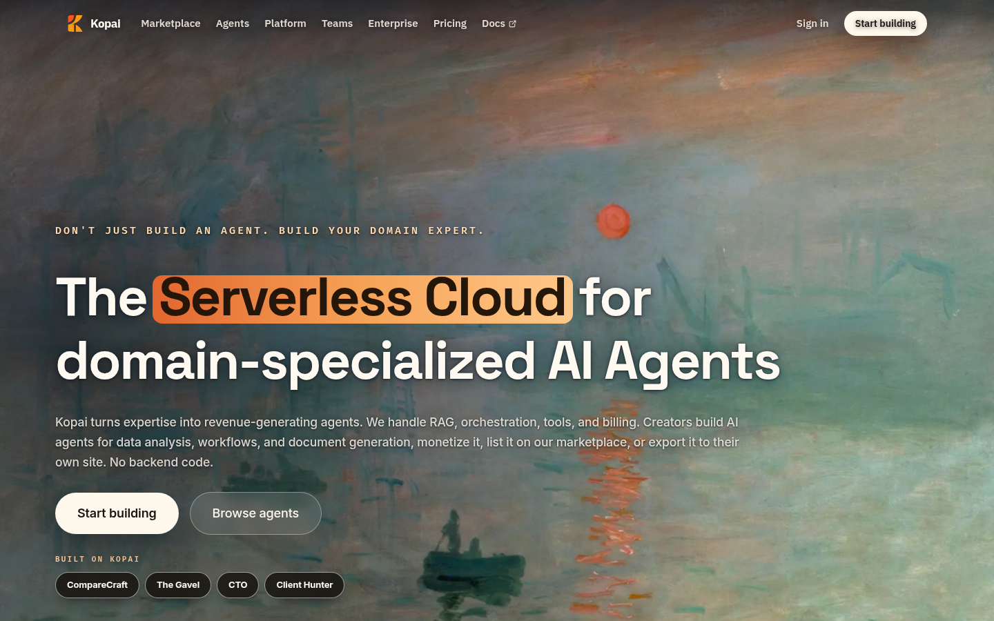 Screenshot of the Kopai public homepage describing domain-specialized AI agents