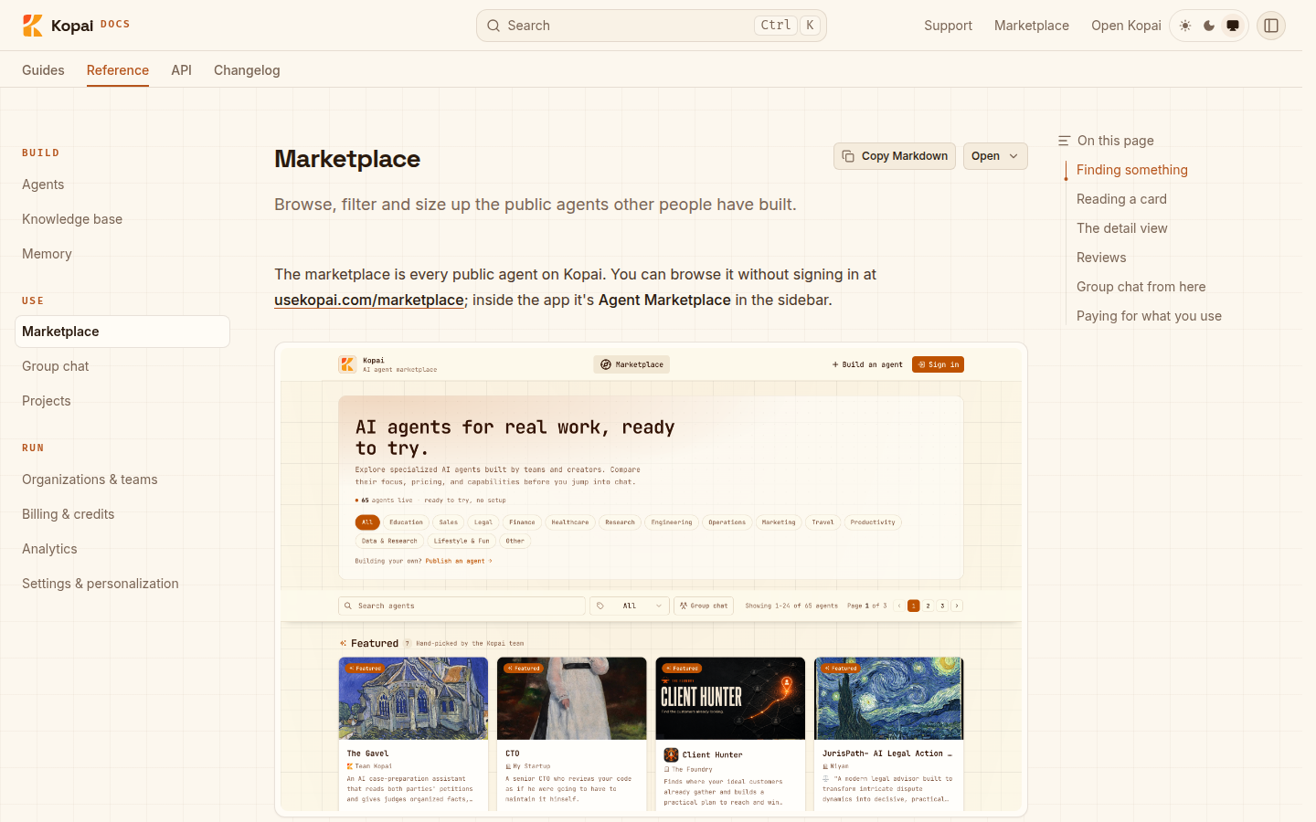 Screenshot of Kopai public documentation showing its AI agent marketplace