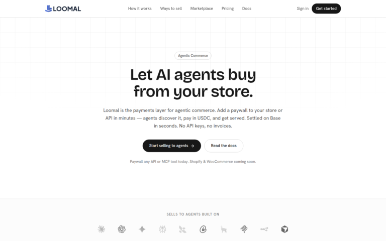 Screenshot of the Loomal public homepage describing payments for agentic commerce