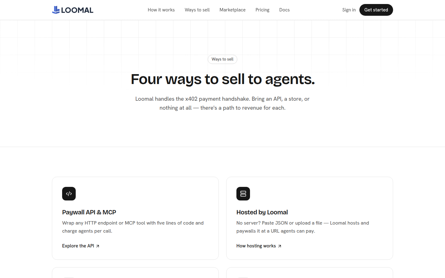 Screenshot of Loomal's public ways-to-sell page showing API MCP and hosted options