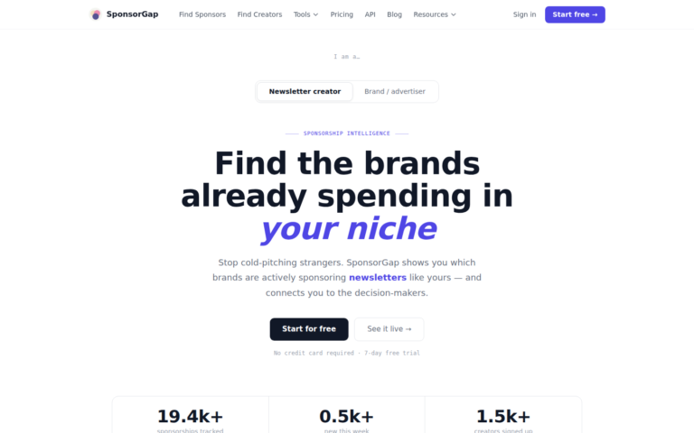 Screenshot of the SponsorGap homepage for finding brands already buying newsletter sponsorships