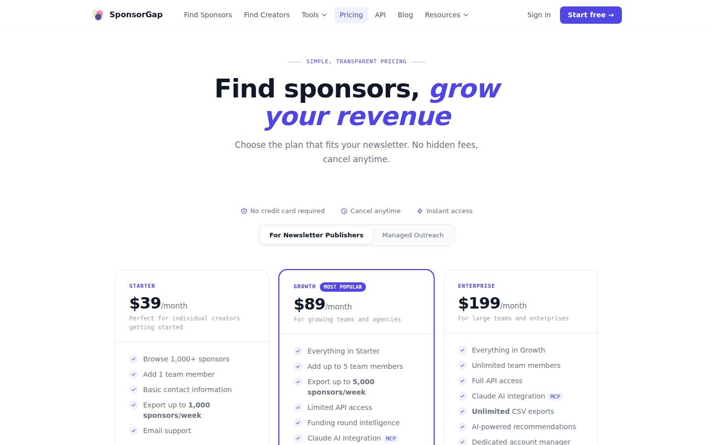 SponsorGap public pricing | Build For Income Screenshot of SponsorGap's public Starter Growth and Enterprise pricing cards