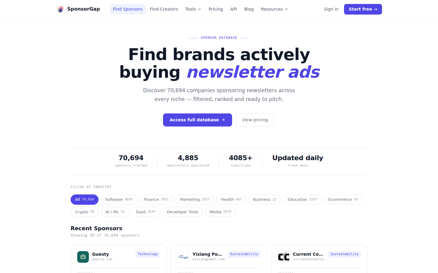 SponsorGap public sponsor database | Build For Income Screenshot of SponsorGap's public sponsor database page with industry filters and recent sponsors