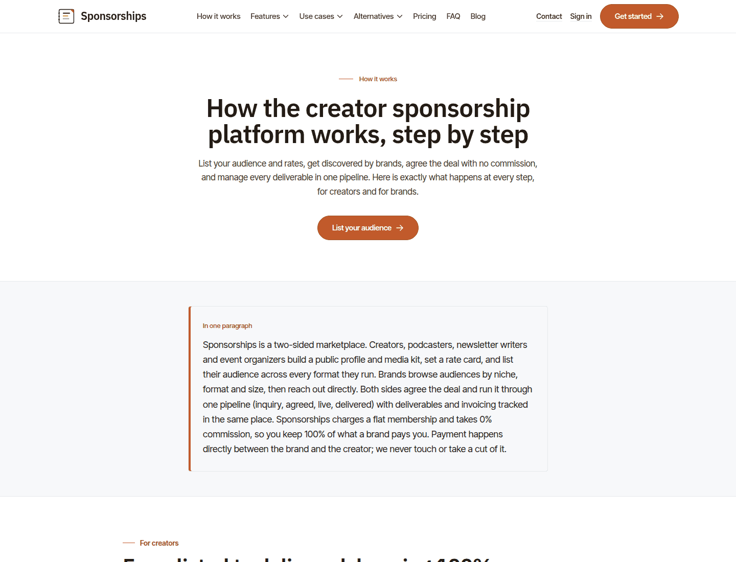 Screenshot of Sponsorships explaining its creator sponsorship workflow and deal pipeline