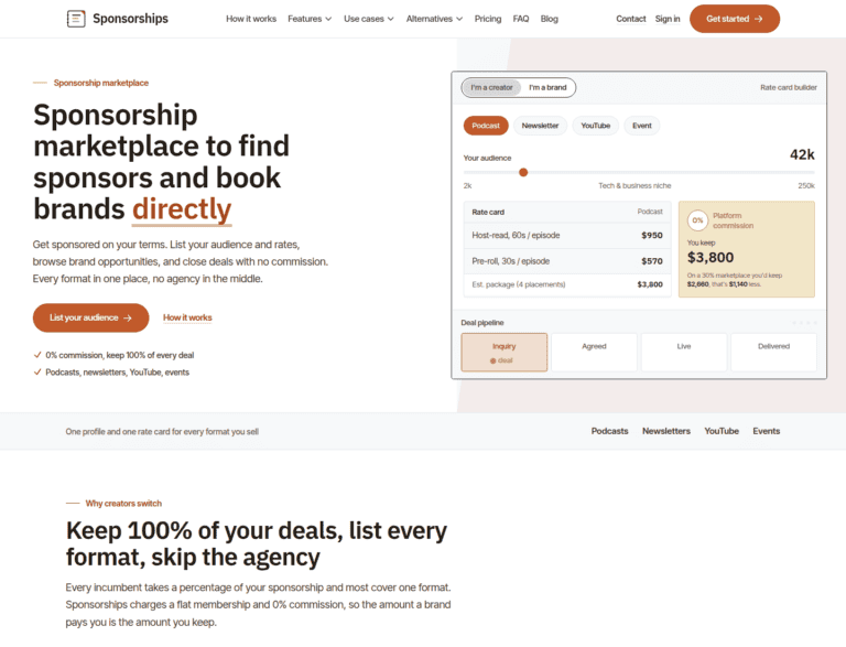 Screenshot of the Sponsorships marketplace homepage with a creator rate card and deal pipeline example